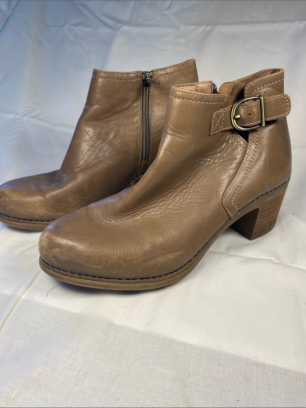 Dansko Henley Distressed Taupe Tan Leather Ankle Booties with Buckle Accent